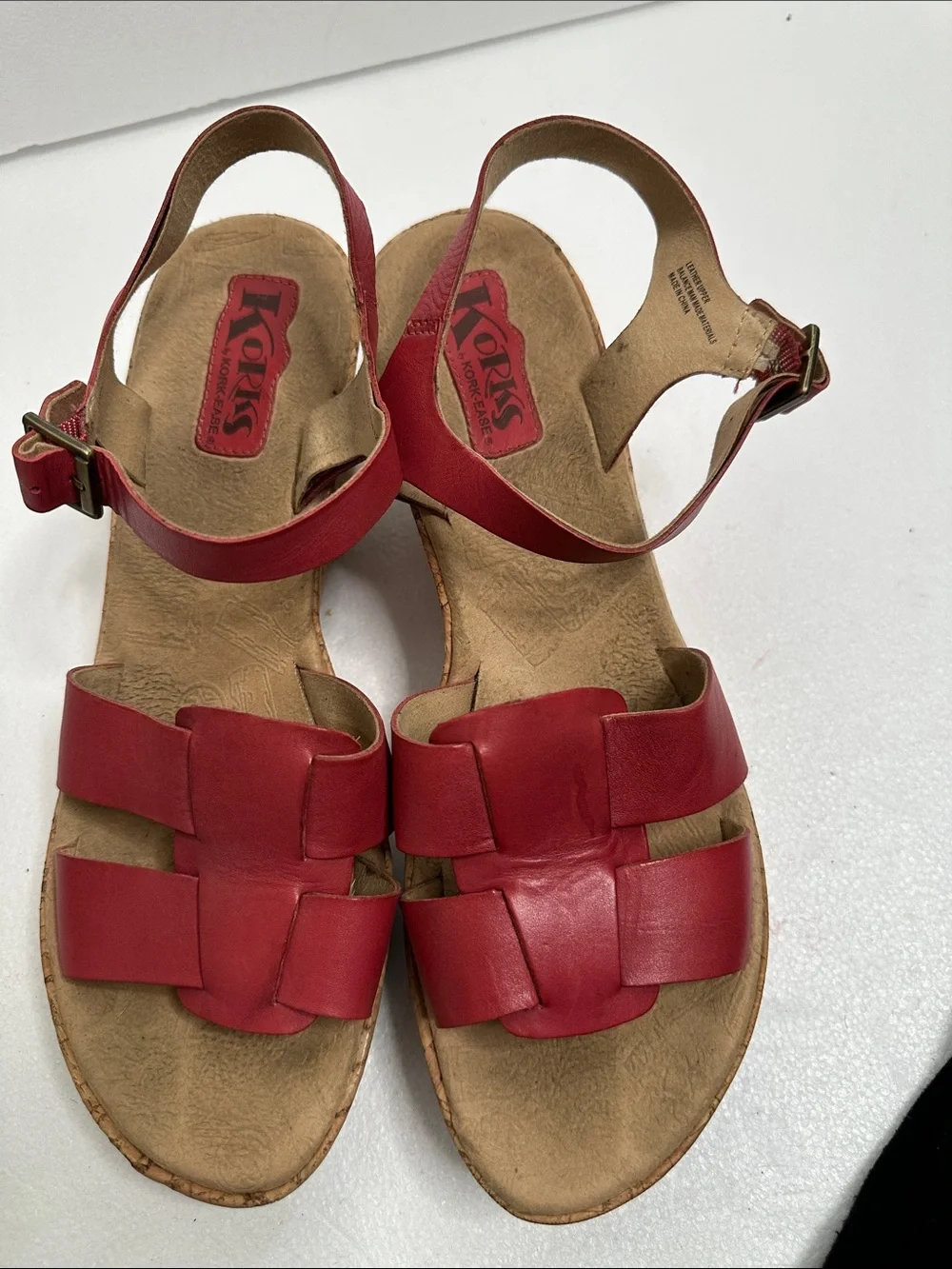 Kork-Ease Della Red Leather cork wedge Ankle-Strap Sandals with Buckle size 11